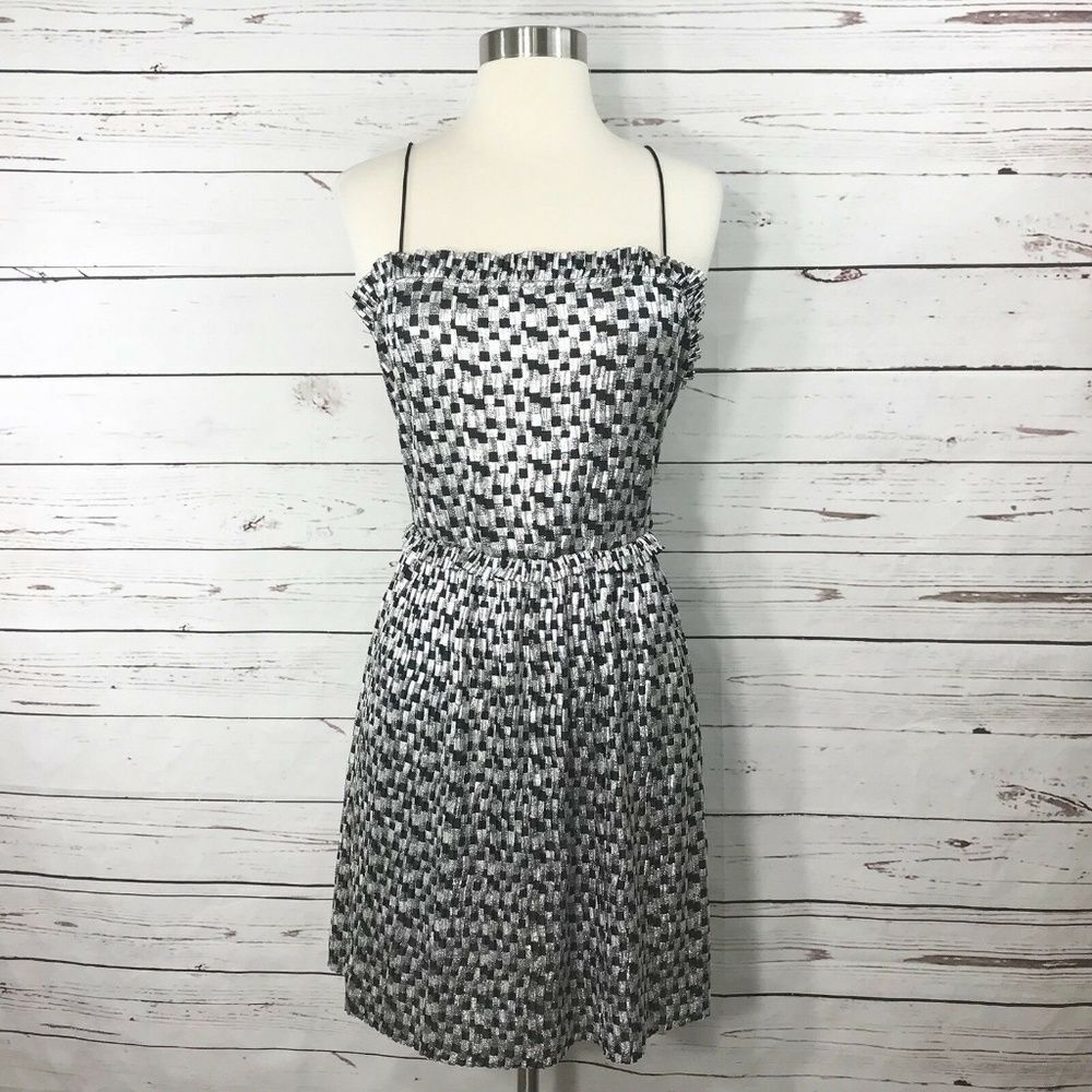 Zara Silver Black Metallic Square Geometric Print Flirty Party Mini Dress (NWT)